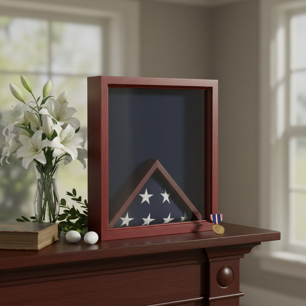 Air Force flag and medal display case, Air Force shadow box 3x5 flag, military flag and medal display case, Air Force flag shadow box with medals, 3x5 flag display case with medal section, glass front Air Force flag and medal case, solid wood military shadow box for flag and medals, Air Force display case with medal compartments, wall mounted flag and medal shadow box, large Air Force flag case with memorabilia storage