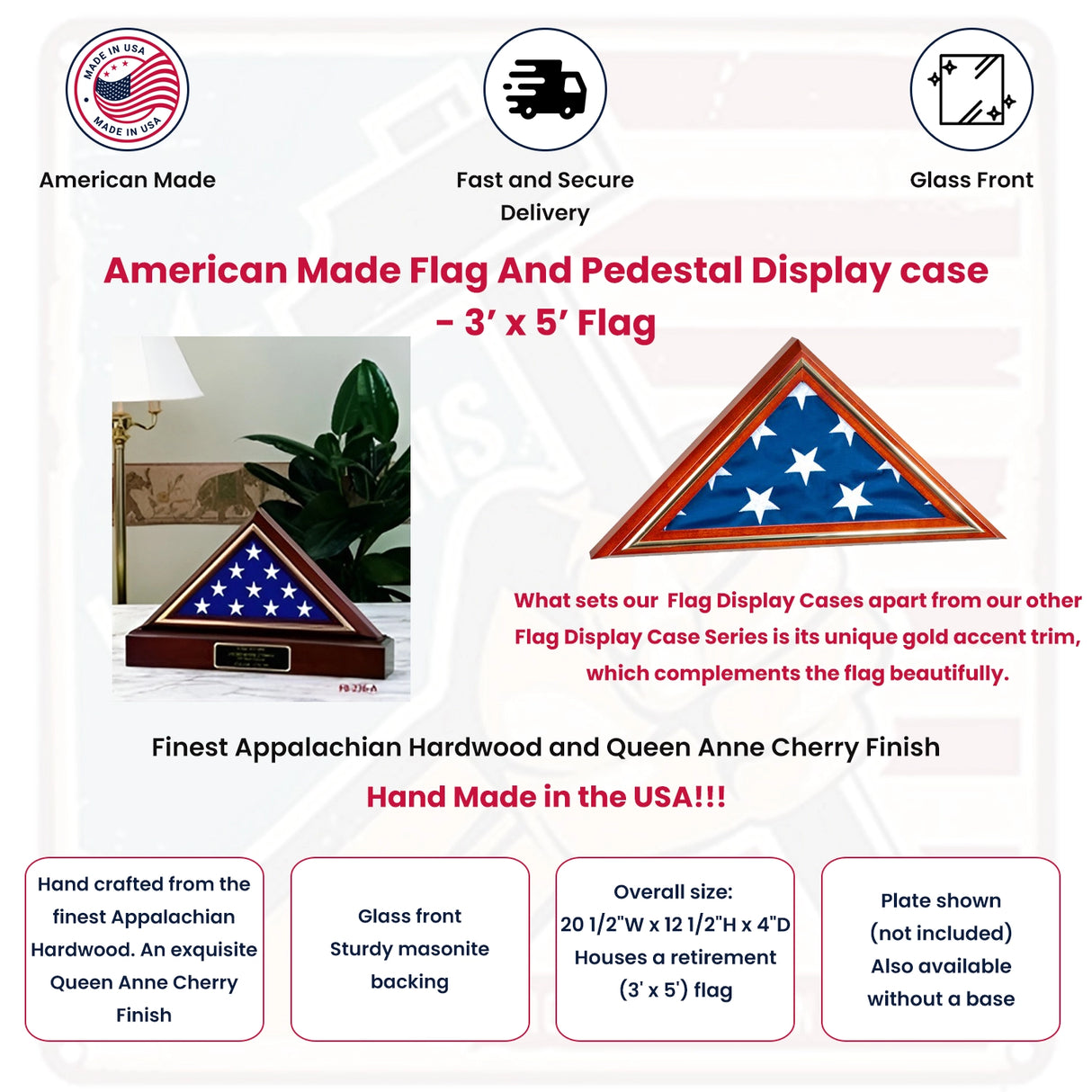 American Made Flag And Pedestal Display case-Size 5'x8', American Made Flag And Pedestal Display case, The Military Gift Store, Flag Display Cases For 3'X5' Flag