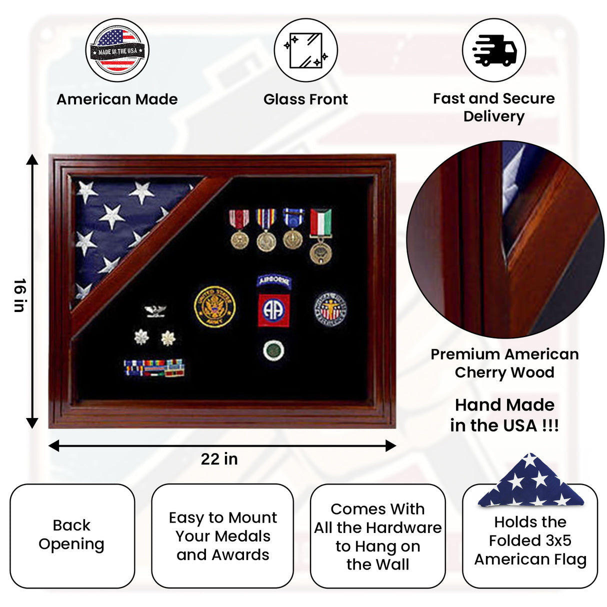 American Corner flag and medal display case - Fit for 3' x 5', American Corner flag and medal display case., The Military Gift Store, Flag Medals Display Case