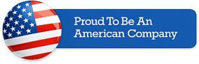 Button with American flag design and text 'Proud To Be An American Company' on a blue background - American Made - Made in USA