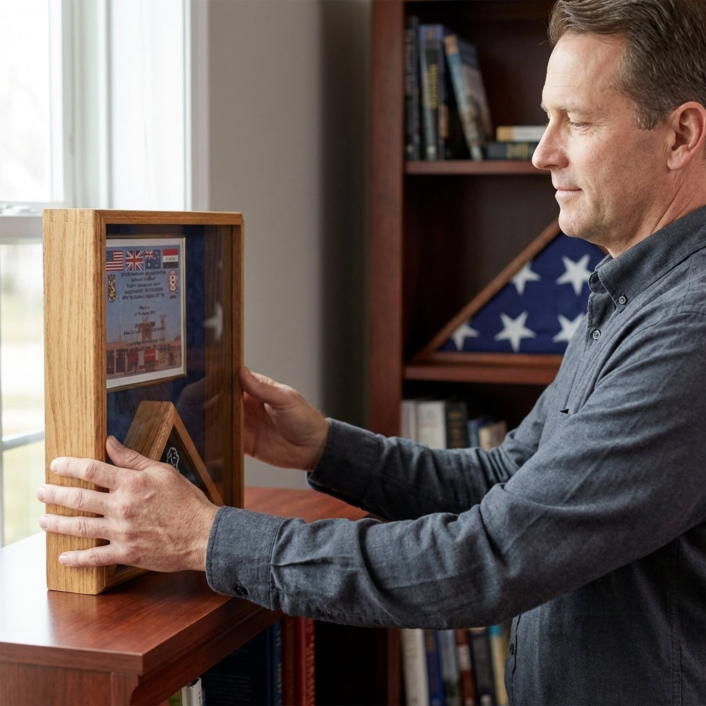 3x5 flag shadow box display case, flag case shadow box 3' x 5', American flag shadow box display case, wooden flag shadow box for 3x5 flag, military flag shadow box case, glass front flag shadow box case 3x5, oak cherry wood flag shadow box display, flag shadow box with medal display section, wall mounted flag shadow box case, flag display case shadow box with backboard