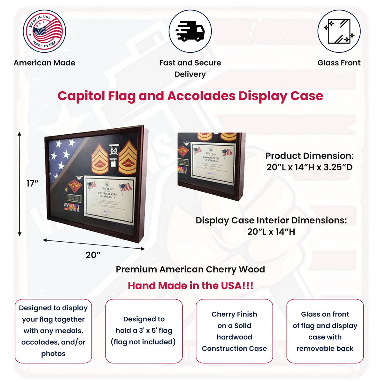 Shadow box for 5' x 9.5' flag with 8.5 x 11 Document holder, Cherry Finish, Shadow box for 5' x 9.5' flag with 8.5 x 11 Document holder, The Military Gift Store, Flag and Document Display Case