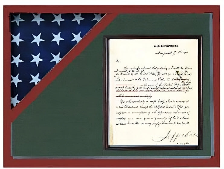 Shadow box for 5' x 9.5' flag with 8.5 x 11 Document holder, Cherry Finish, Shadow box for 5' x 9.5' flag with 8.5 x 11 Document holder, The Military Gift Store, Flag and Document Display Case