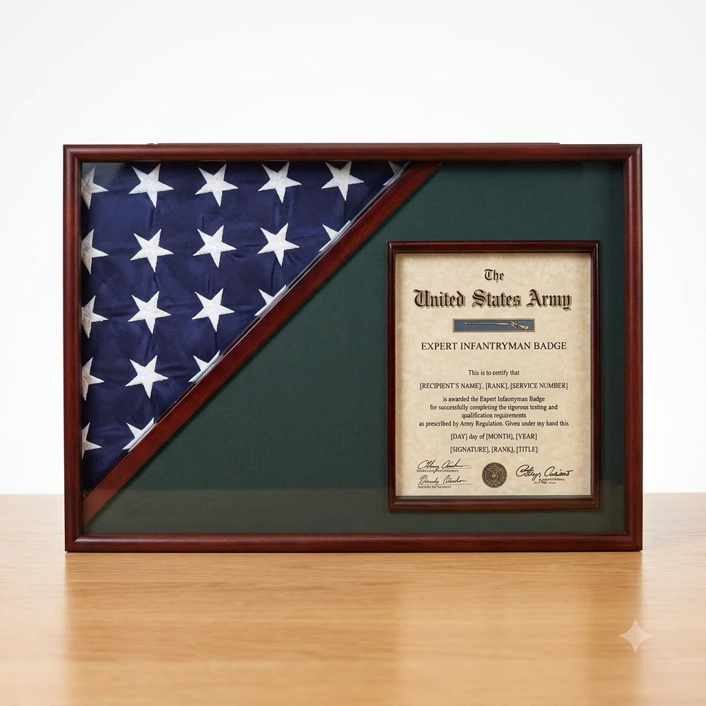 Shadow box for 5' x 9.5' flag with 8.5 x 11 Document holder, Cherry Finish, Shadow box for 5' x 9.5' flag with 8.5 x 11 Document holder, The Military Gift Store, Flag and Document Display Case