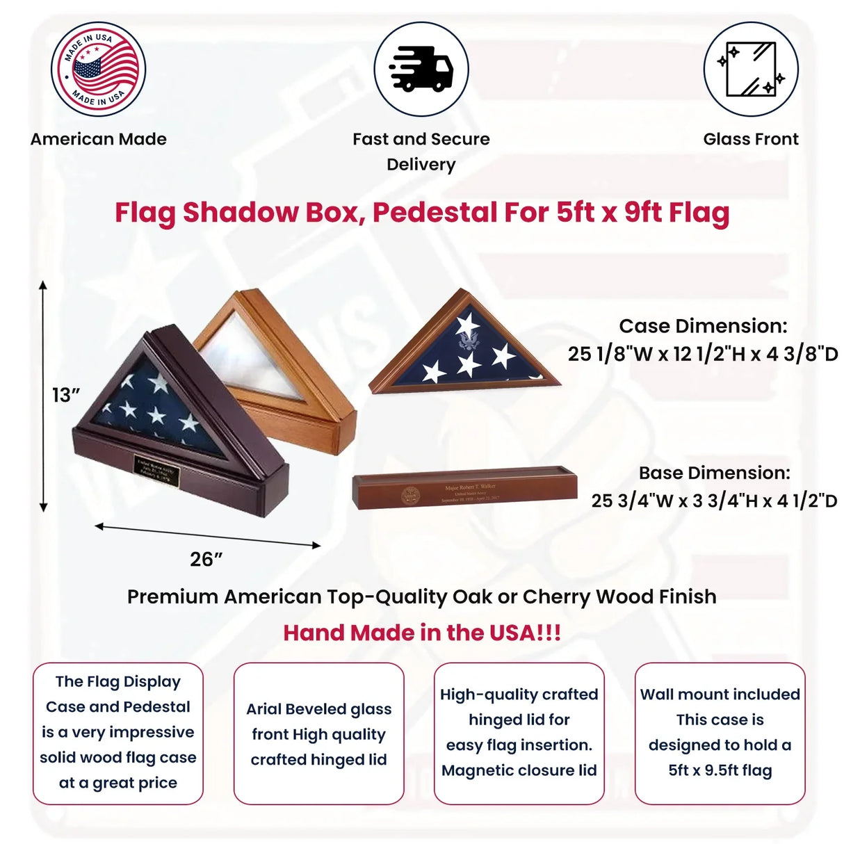 FLAG SHADOW BOX, Pedestal Cherry case For 5ft x 9ft Flag., , The Military Gift Store, Flag display Cases