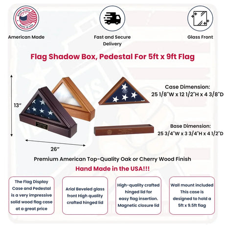 FLAG SHADOW BOX, Pedestal Cherry case For 5ft x 9ft Flag., , The Military Gift Store, Flag display Cases