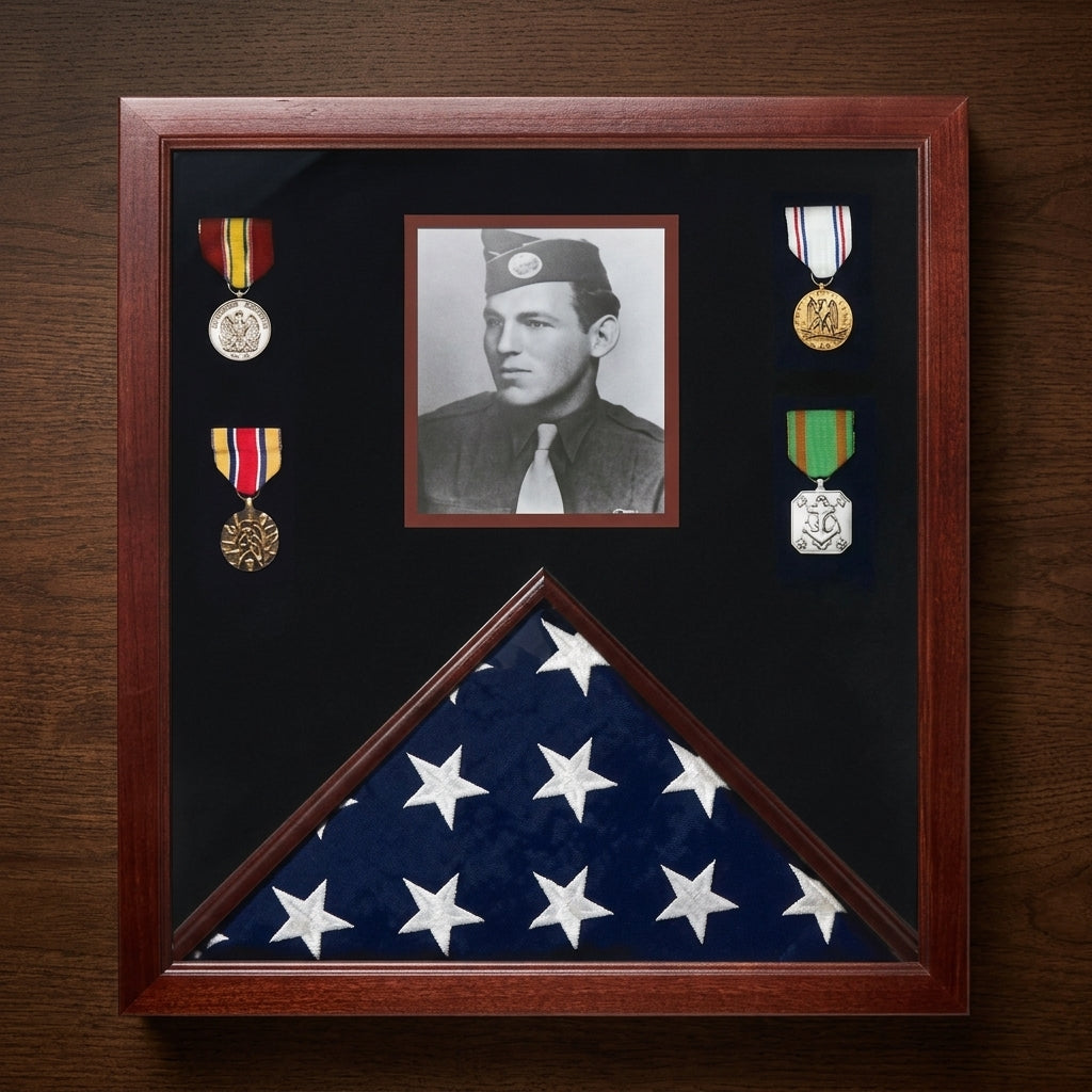 Photo Flag and Medal Display Case, Flag Photo Medal Display Case, Military Flag and Medal Display Case, Flag and Medal Shadow Box with Photo, Veteran Flag Medal Display Case with Picture, American Flag Display Case with Medals and Photo, Memorial Flag and Medal Display Case, Burial Flag Display Case with Photo and Medals, honor military service display case, veteran tribute flag medal photo case, preserve military memories display case, military legacy display case with photo