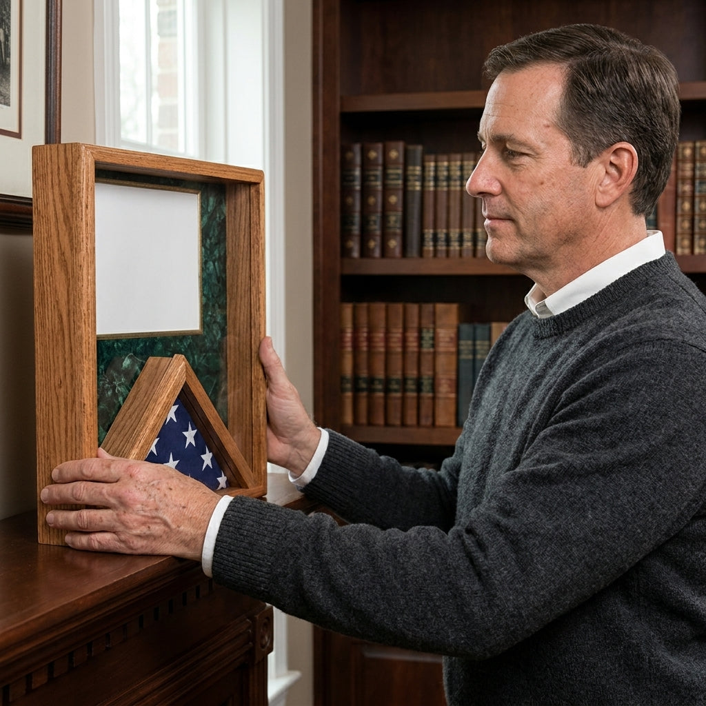 Flag Certificate Case, 3x5 Flag Certificate Case, Flag and Certificate Display Case, American Flag Certificate Case, Military Flag Certificate Display Case, Flag Display Case with Certificate Holder, Veteran Flag Certificate Case, Memorial Flag Certificate Case, Wooden Flag Certificate Case, Flag and Document Display Case, 3x5 folded flag display with certificate, Flag and award display case, Military document and flag display case, Flag diploma display case, Veteran certificate display frame