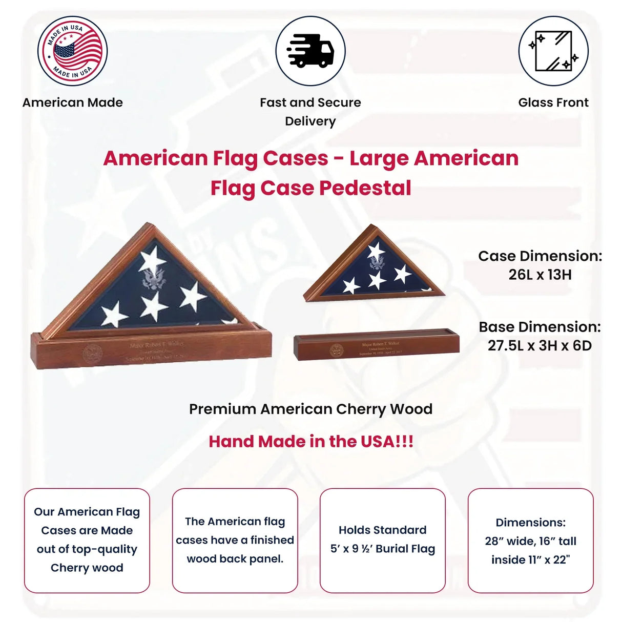American Flag Case with Pedestal For 5' X 9.5' Burial Flag, American Flag Case with Pedestal For Burial Flag, The Military Gift Store, Flag And Pedestal Display Cases