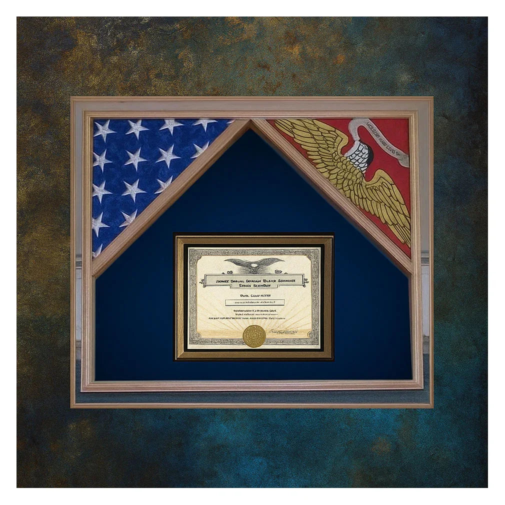 Military Flag Case For 2 Flags and Certificate Display Case, 2 flags 3'x5' each, Military Flag Case For 2 Flags and Certificate Display Case, The Military Gift Store, Military Award And Medal Display Case