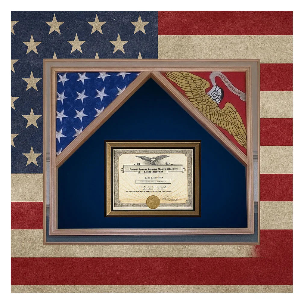 Military Flag Case For 2 Flags and Certificate Display Case, 2 flags 3'x5' each, Military Flag Case For 2 Flags and Certificate Display Case, The Military Gift Store, Military Award And Medal Display Case