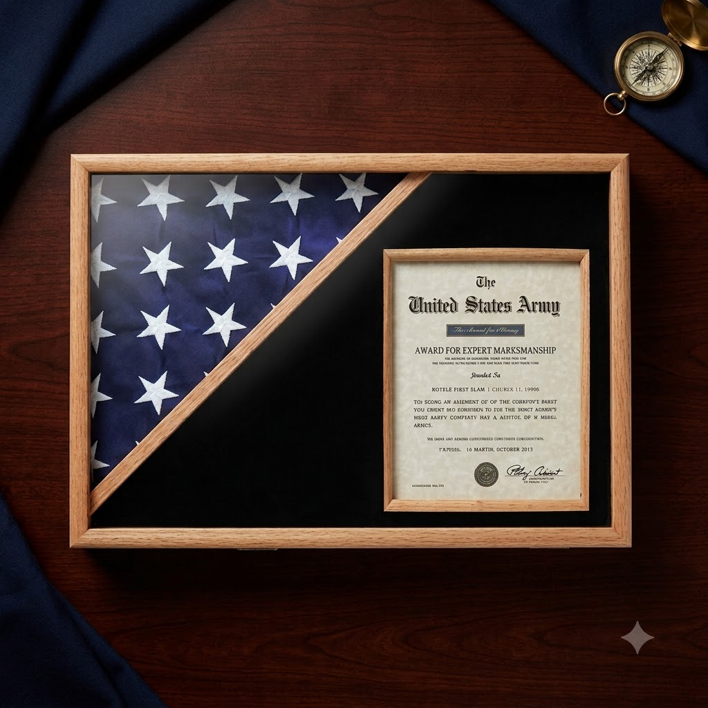 Shadow box for 5' x 9.5' flag with 8.5 x 11 Document holder, , The Military Gift Store, Flag and Document Display Case