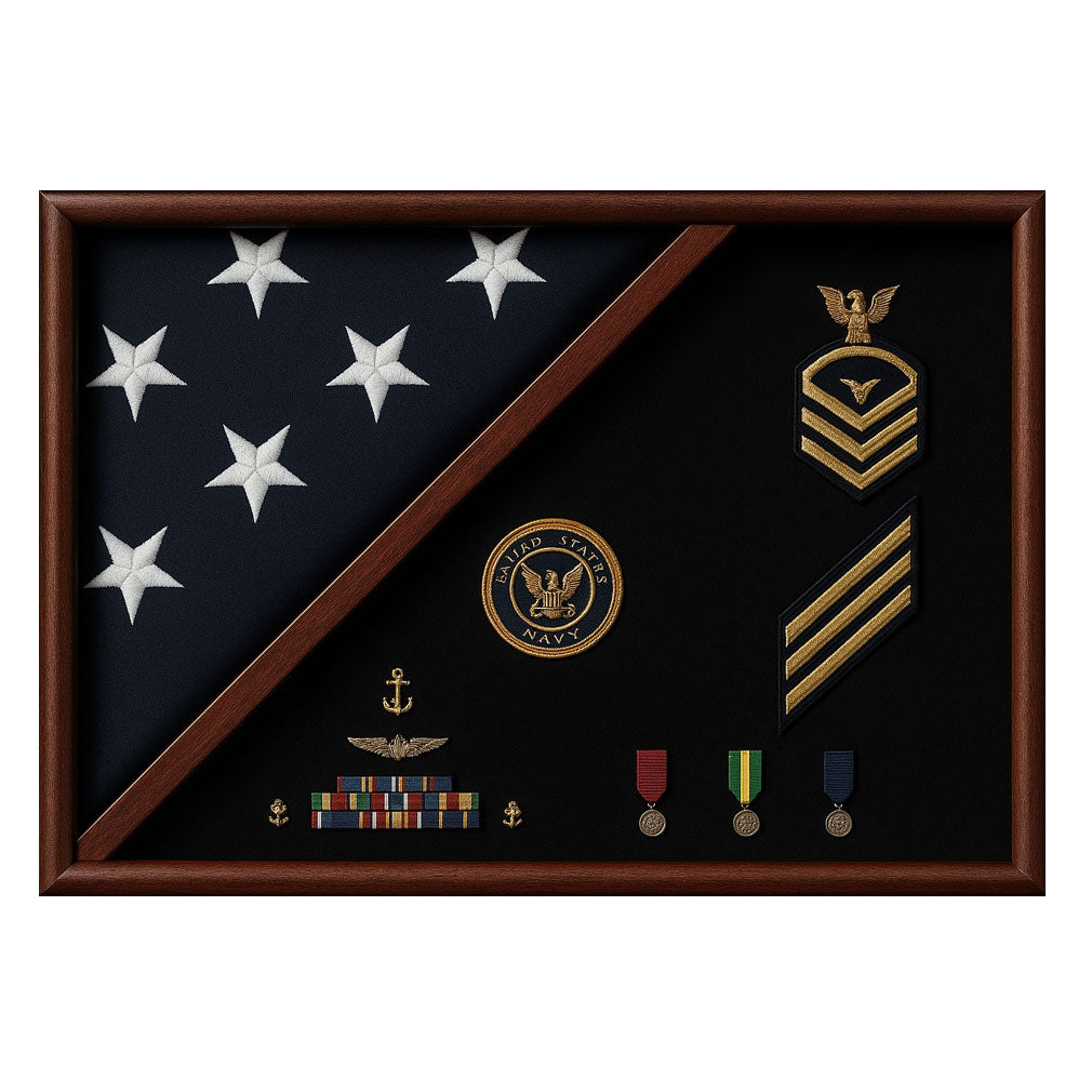 Navy flag display case, Navy flag and medal display case, Military flag display case Navy, 5x9.5 Navy burial flag case, Navy retirement flag case, Navy memorial flag display case, Navy medals and flag shadow box, Large Navy flag display case, Navy veteran flag case, Navy ceremonial flag case, Navy service flag and medal display, Wooden Navy flag display box, Navy heirloom flag case, Navy tribute flag display case, Navy honor guard flag case