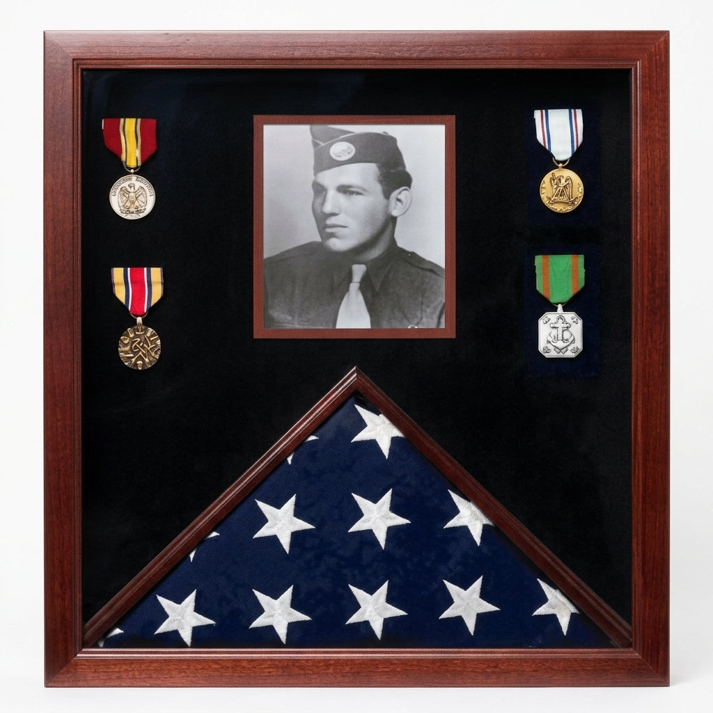 Photo Flag and Medal Display Case, Flag Photo Medal Display Case, Military Flag and Medal Display Case, Flag and Medal Shadow Box with Photo, Veteran Flag Medal Display Case with Picture, American Flag Display Case with Medals and Photo, Memorial Flag and Medal Display Case, Burial Flag Display Case with Photo and Medals, honor military service display case, veteran tribute flag medal photo case, preserve military memories display case, military legacy display case with photo