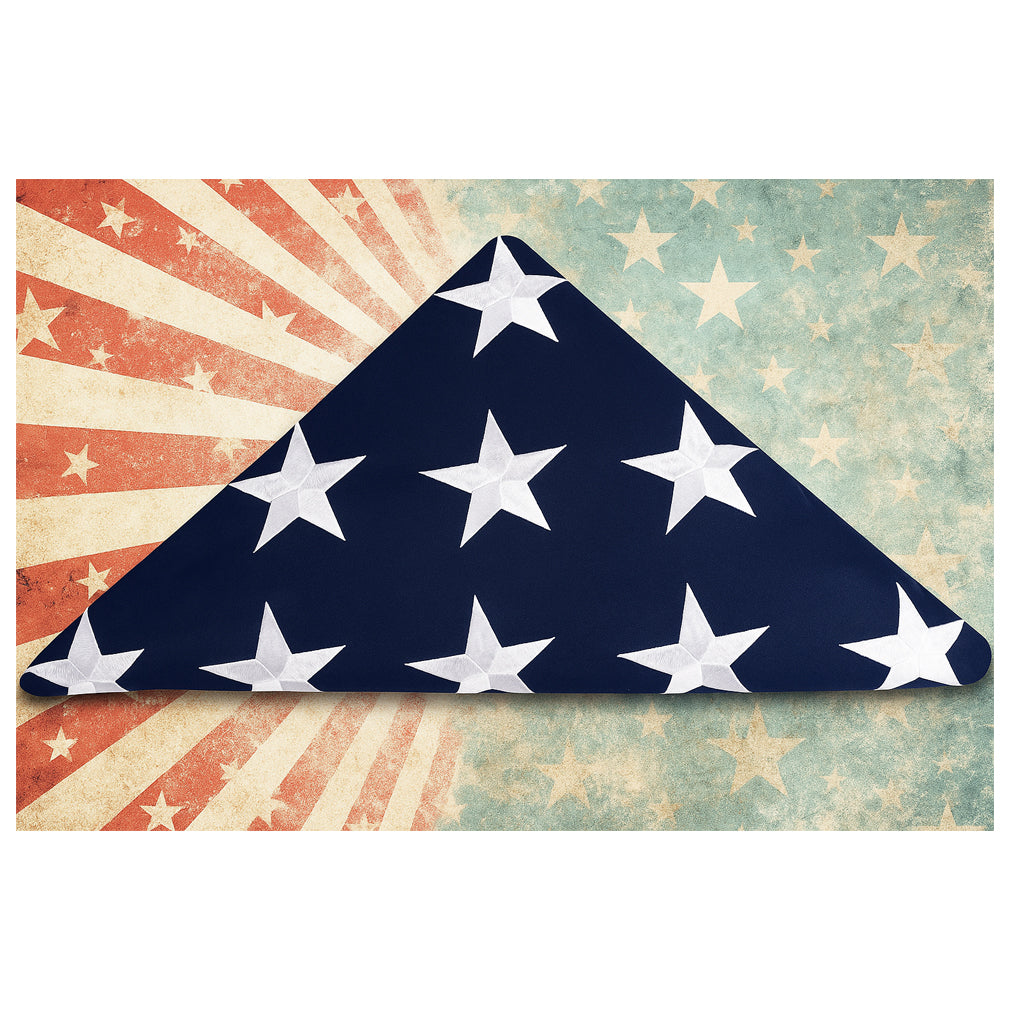 Pre-folded US burial flag, Premium American funeral flag, Veteran memorial folded flag, Authentic 5x9.5 burial flag USA-made, Pre-folded casket flag for veterans, Military funeral tribute flag, High-quality cotton burial flag, Embroidered stars US folded flag, Patriotic pre-folded memorial flag, Ready-to-display American burial flag