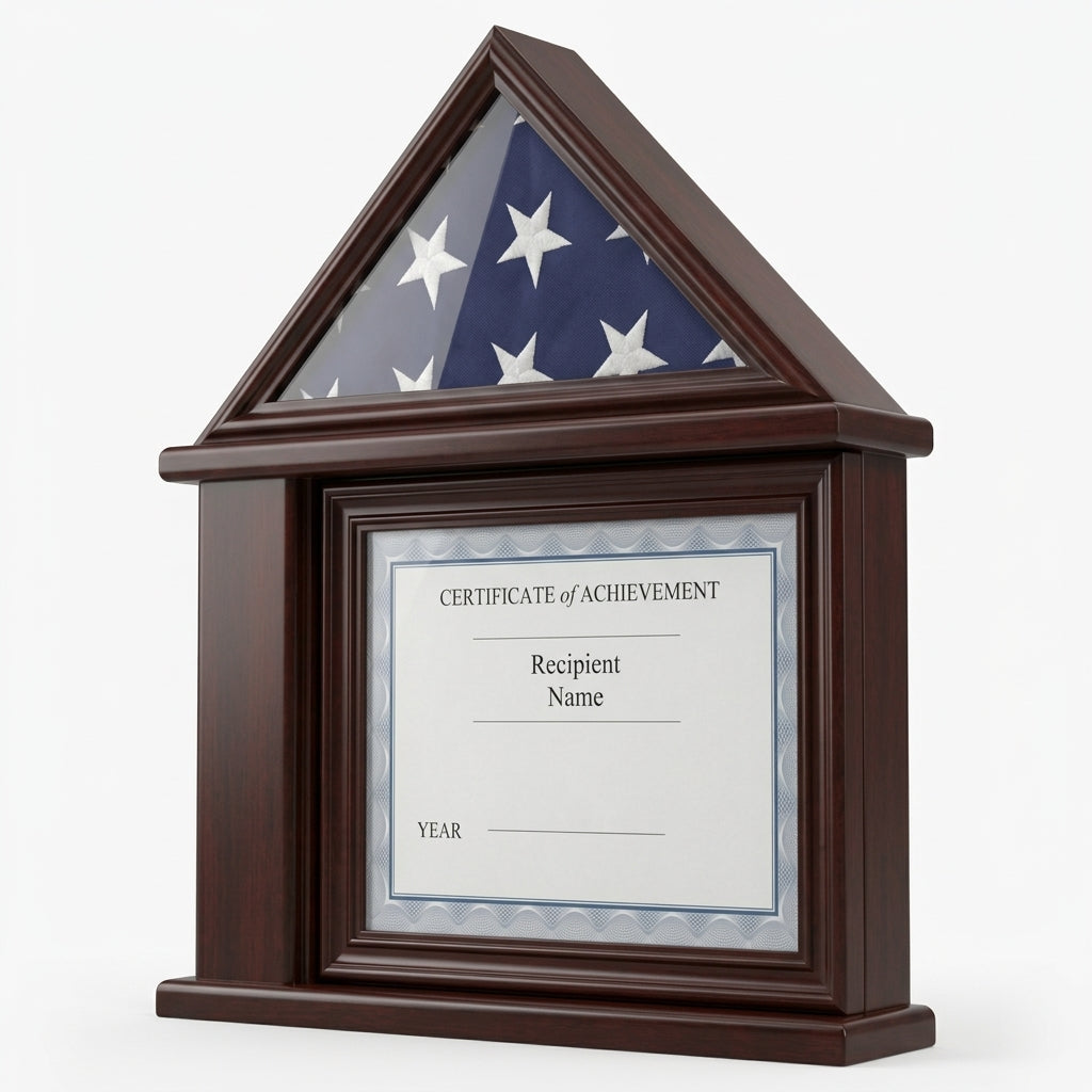 Presentation Flag Display Case 3' x 5', American Flag Display Case with Certificate Holder, Flag and Document Display Frame 3x5, Military Flag Display Case with Certificate, Burial Flag Display Case with Document Holder, 3x5 Flag and Certificate Frame, Folded Flag Display Case with Document, Veteran Flag Display Case Frame, walnut finish flag and certificate display case, glass front flag display frame with document holder, laser engraved flag display case with certificate, solid wood 3x5 flag and document