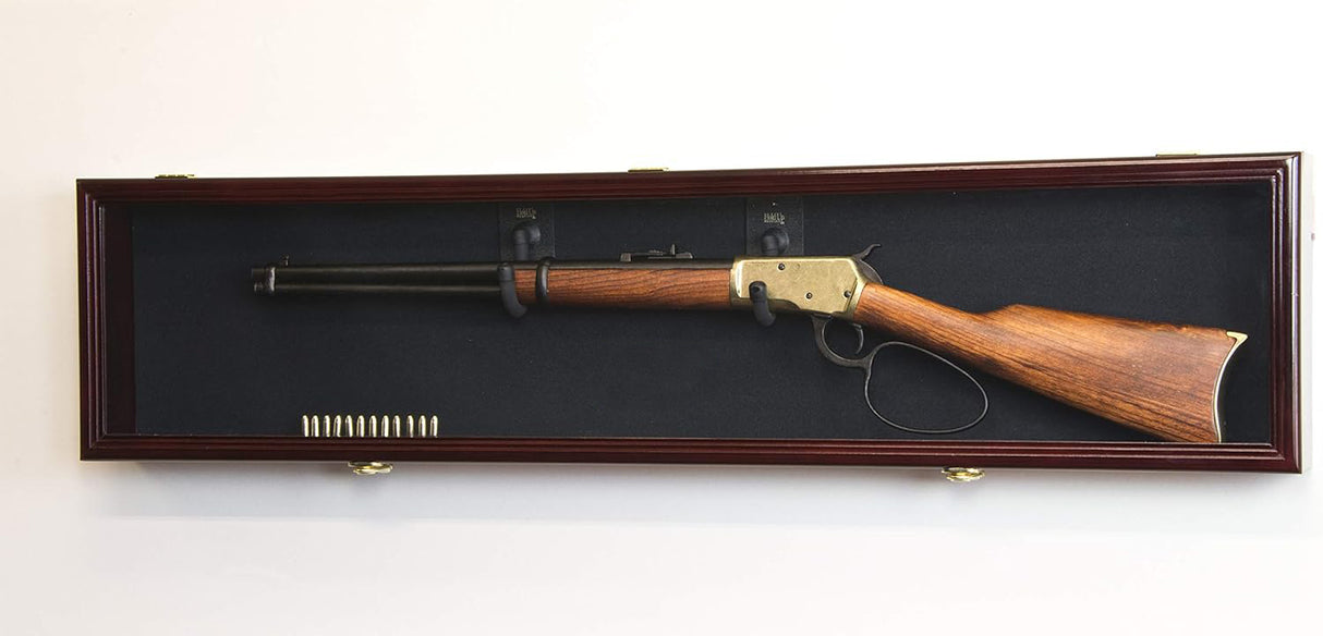 Single rifle display case, Rifle wall mount display cabinet, UV protected gun display case, Single gun display rack, Firearm display cabinet with UV protection, Single rifle wall display case with glass, UV protected rifle display cabinet for home, Wall-mounted gun display case with lock, Wooden single rifle display rack with UV protection, Handcrafted firearm display case for collectors