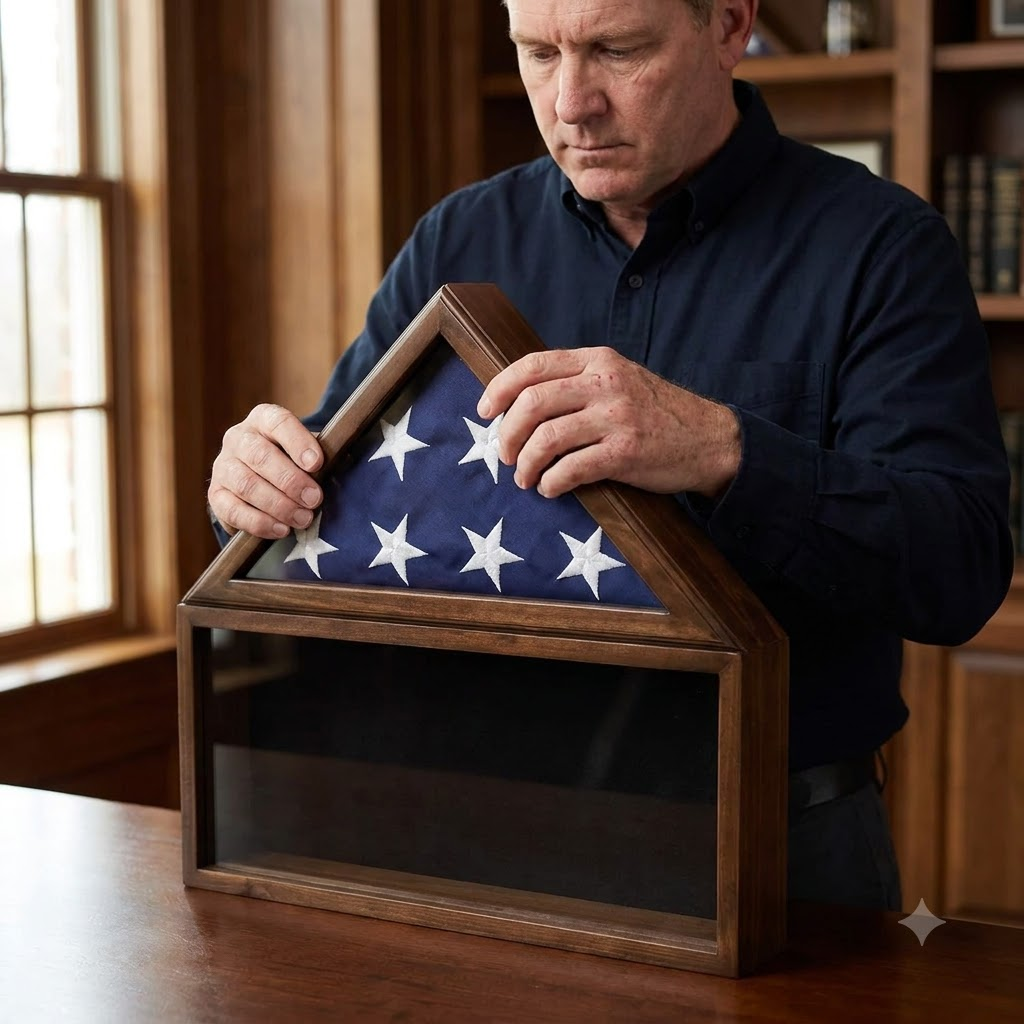Military Shadow Box, Solid Wood with Tempered Glass Front – Cherry Finish, Military Shadow Box, Solid Wood with Tempered Glass Front, The Military Gift Store, Mountain flag case
