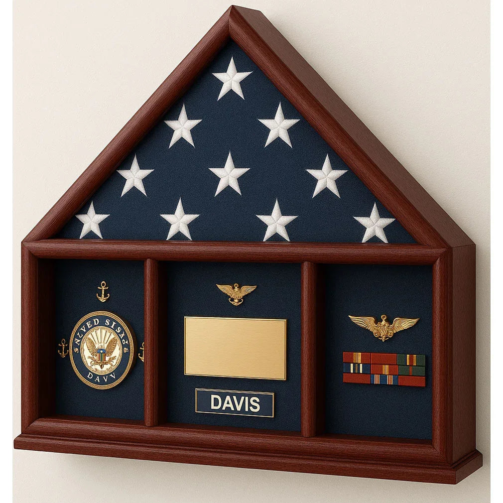 Oak 3 x 5 flag memorial case, Walnut Case, , The Military Gift Store, Three way Flag Frames
