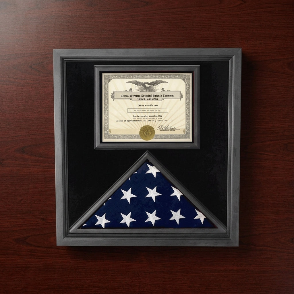 premium flag document case, USA made flag display case, solid wood flag case black finish, flag and document display case, black flag display case, black finish wooden flag case with glass panel, handcrafted solid wood flag display case USA, wall mountable flag and certificate display case, durable premium wood flag document frame, triangular folded flag display case with document section