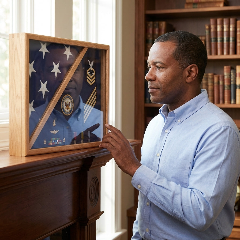 Air Force blue flag display case, Air Force flag display case 3x5, wood flag case for 3' x 5' flag, Air Force memorial flag case, military flag display case Air Force, blue finish wood flag display case, glass front Air Force flag case, triangular flag display case 3x5, Air Force flag case with pedestal base, durable hardwood Air Force display case