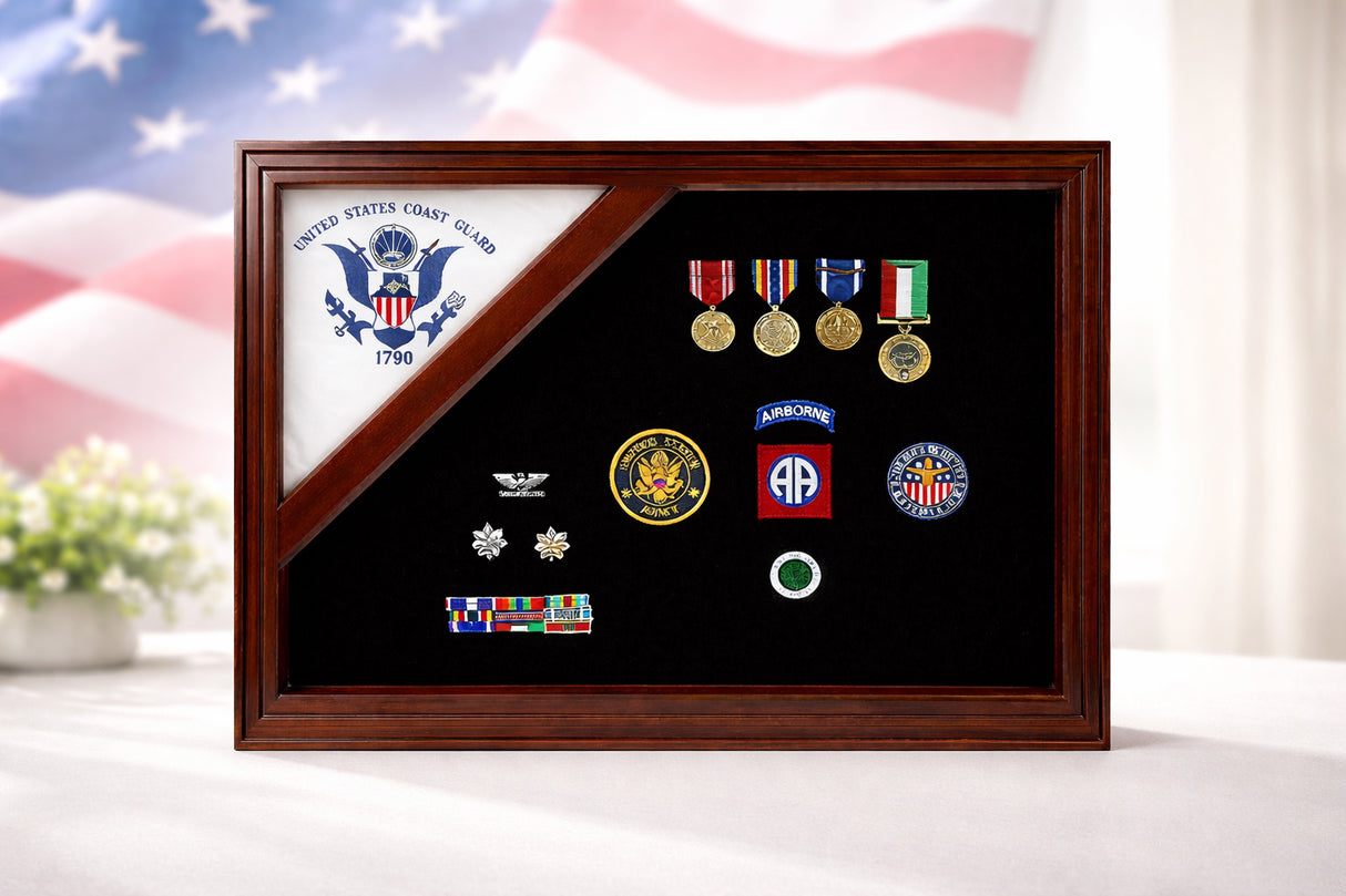 coast guard flag display case 3x5, 3x5 flag display case coast guard, military flag case 3x5 coast guard, coast guard memorial flag case, best seller coast guard flag case, solid wood coast guard flag display case, cherry finish coast guard flag case 3x5, oak wood 3x5 flag display case coast guard, walnut coast guard memorial flag case, UV protected glass coast guard flag case, handcrafted coast guard flag display box, durable military flag case for 3x5 flag, elegant coast guard display case for home décor