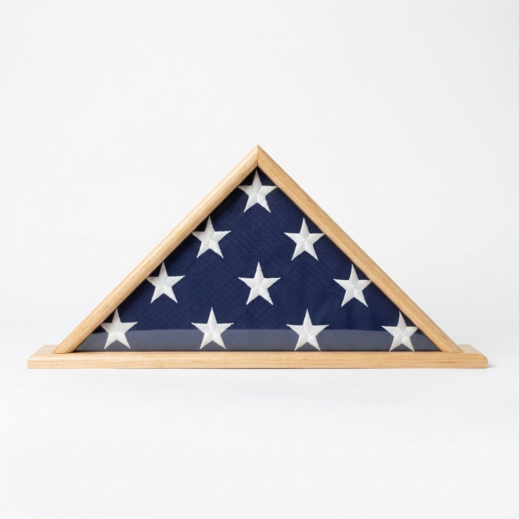 coffin flag case, burial flag display case, American flag coffin case, military coffin flag case, flag case for burial flag, veteran flag display case, solid wood coffin flag case, glass front burial flag display case, wall mount coffin flag case, tabletop flag display case for burial flag, handcrafted wooden flag case, hinged lid coffin flag case