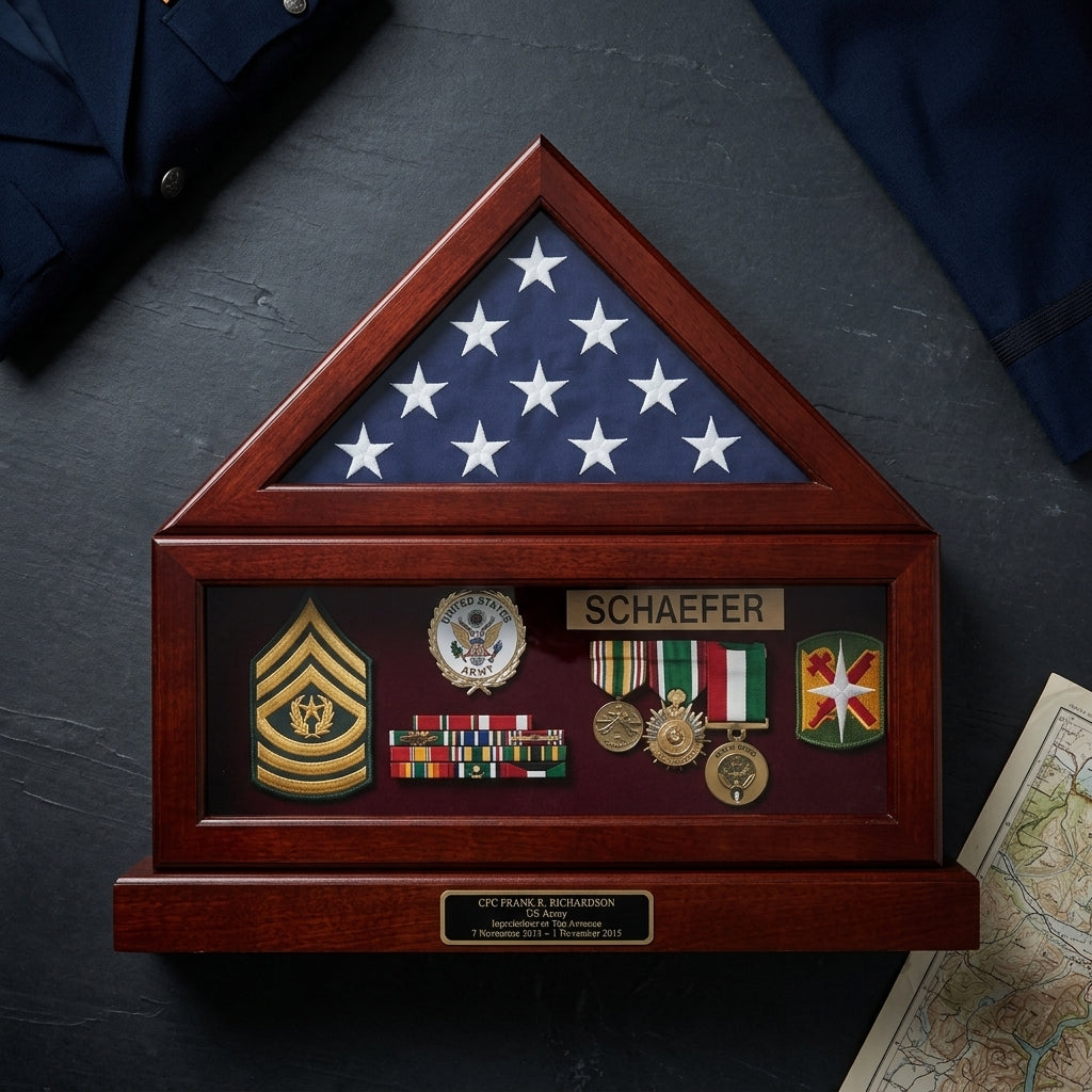 Flag and pedestal display case 3x5, 3'x5' flag display case with pedestal, American flag display case with stand, Wooden flag display case with pedestal, Military flag case with pedestal base, glass front flag display case with pedestal, oak cherry wood flag display case with stand, engraved flag display case with pedestal, flag case with pedestal and nameplate, flag shadow box with pedestal stand