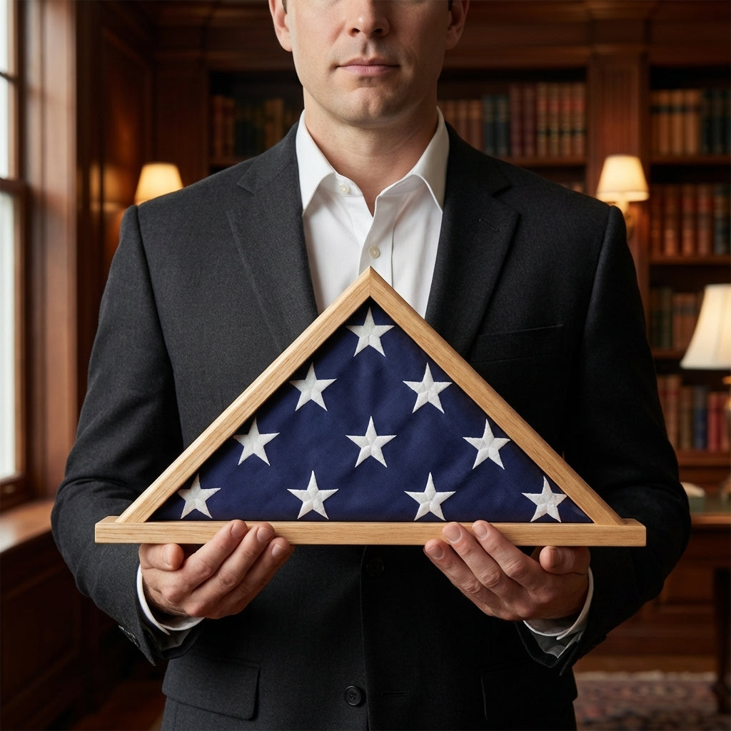 coffin flag case, burial flag display case, American flag coffin case, military coffin flag case, flag case for burial flag, veteran flag display case, solid wood coffin flag case, glass front burial flag display case, wall mount coffin flag case, tabletop flag display case for burial flag, handcrafted wooden flag case, hinged lid coffin flag case