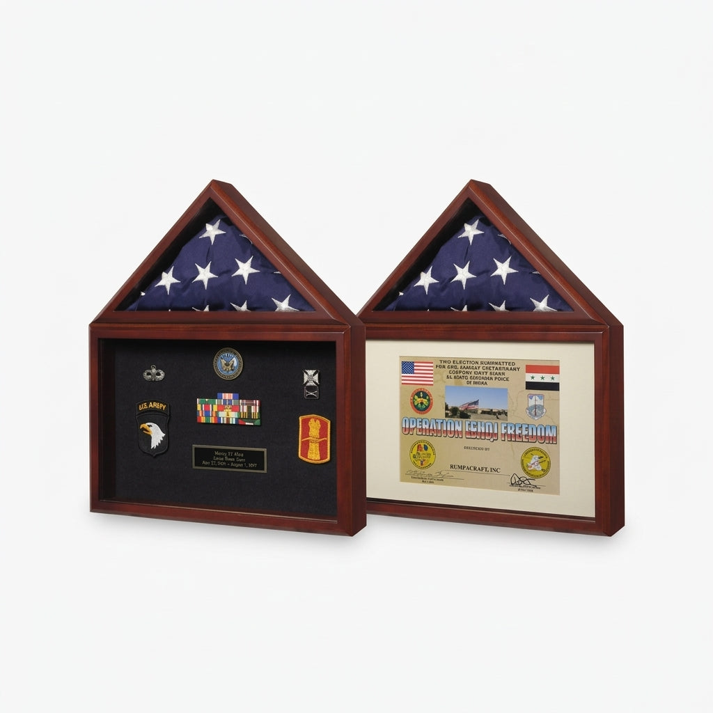 flag and certificate display case, flag plus certificate display case, flag document display case, flag and diploma display case, flag display case with certificate holder, glass front flag and certificate display case, handcrafted wood flag document display case, wall mounted flag and certificate frame, solid wood flag display case with document holder, triangular folded flag case with certificate section