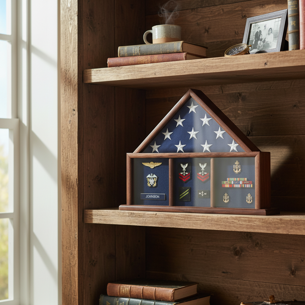 flag and memorabilia display case, flag shadow box with memorabilia, military flag and memorabilia case, flag display case with collectibles, flag keepsake display box, glass front flag and memorabilia display case, solid wood flag shadow box with compartments, large flag and memorabilia display frame, flag case with medal photo and badge display, durable military memorabilia shadow box