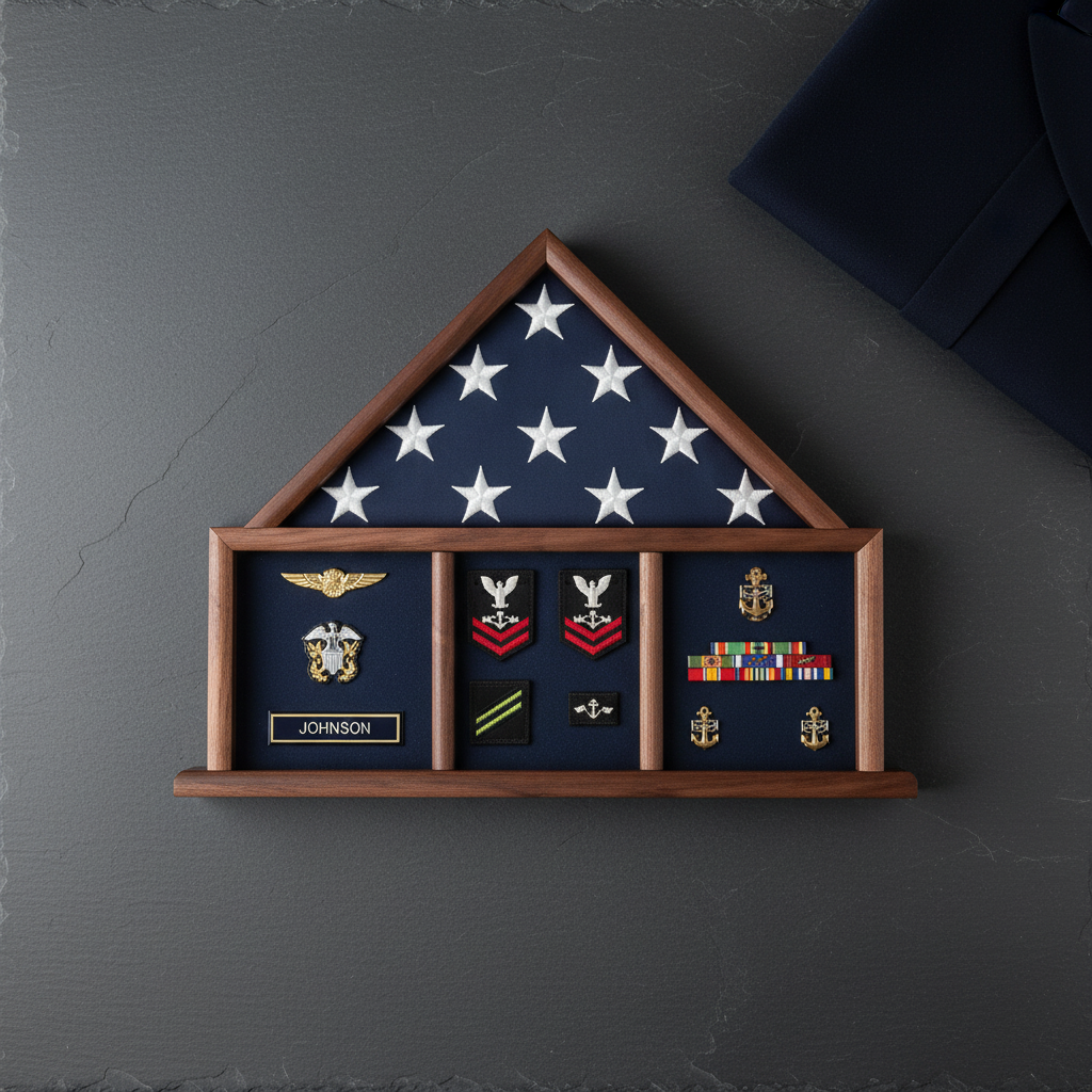 flag and memorabilia display case, flag shadow box with memorabilia, military flag and memorabilia case, flag display case with collectibles, flag keepsake display box, glass front flag and memorabilia display case, solid wood flag shadow box with compartments, large flag and memorabilia display frame, flag case with medal photo and badge display, durable military memorabilia shadow box