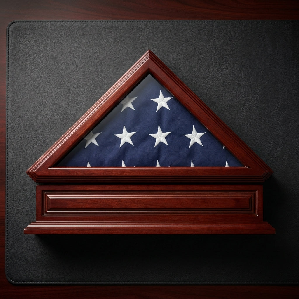 flag display case with pedestal, pedestal flag display case, 3x5 flag display case, wooden flag display case with stand, flag case with base, glass front flag display case with pedestal base, handcrafted wooden flag case with stand, freestanding flag display case with pedestal, triangular folded flag case with base, premium wood flag display case with pedestal stand