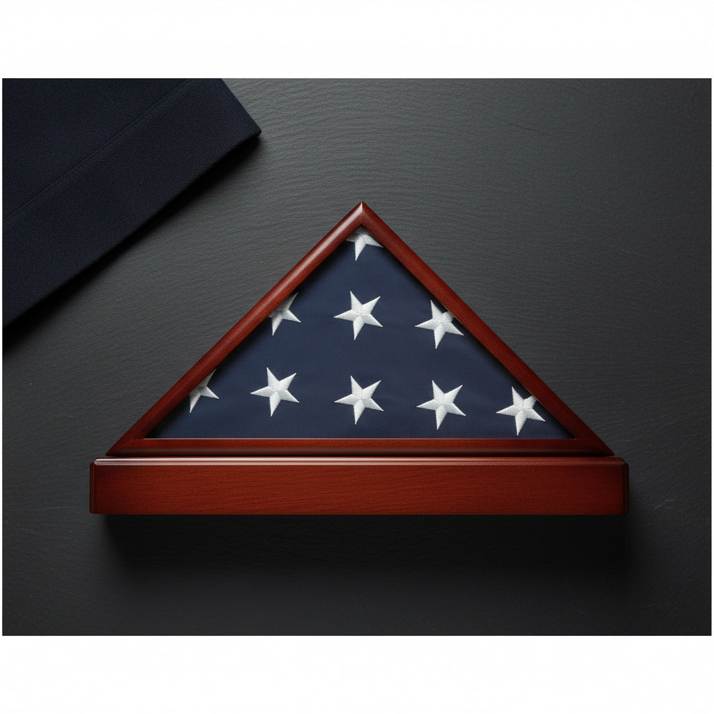 funeral flag display case with pedestal stand, flag display case with pedestal base, burial flag display case frame with stand, American flag display case with pedestal, military flag case with pedestal stand, memorial flag display case with base, solid wood flag display case with pedestal stand, flag case with glass front and pedestal base