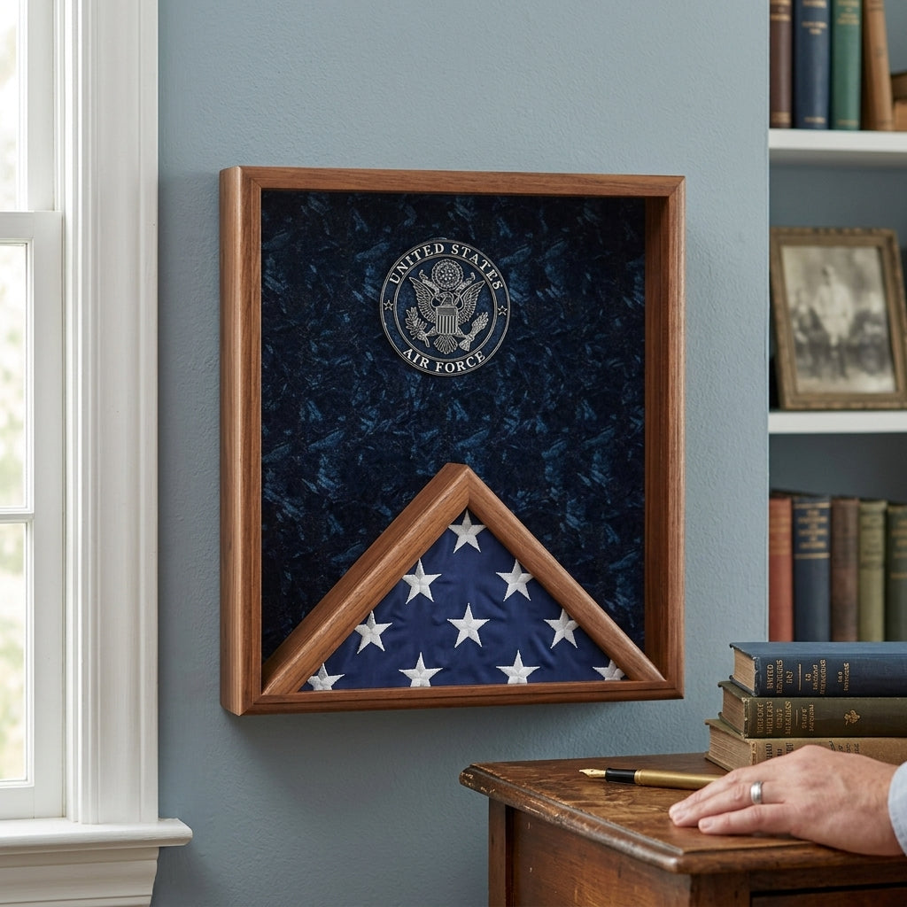 Air Force flag display case, USAF flag case, military flag display case 3x5, Air Force flag case wood, 3x5 flag display case, glass front Air Force flag display case, solid wood USAF flag case, wall mountable Air Force flag display case, triangular folded flag display case Air Force, premium wooden Air Force flag frame