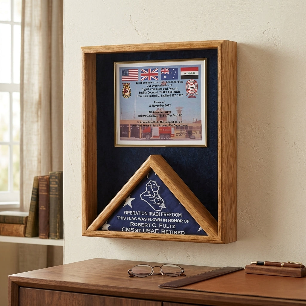 3x5 flag shadow box display case, flag case shadow box 3' x 5', American flag shadow box display case, wooden flag shadow box for 3x5 flag, military flag shadow box case, glass front flag shadow box case 3x5, oak cherry wood flag shadow box display, flag shadow box with medal display section, wall mounted flag shadow box case, flag display case shadow box with backboard