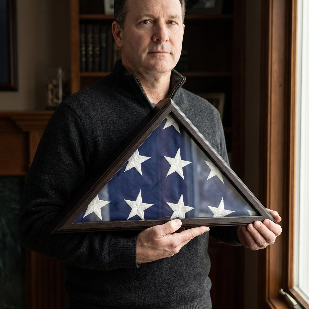 US made flag case 3x5, American made flag display case, flag case for 3x5 American flag, USA flag display case wood, 3x5 flag case made in USA, solid wood USA made flag case, glass front American made flag case, wall mount flag case 3x5 USA made, tabletop flag display case made in USA, handcrafted wooden flag case USA, triangular flag display case 3x5