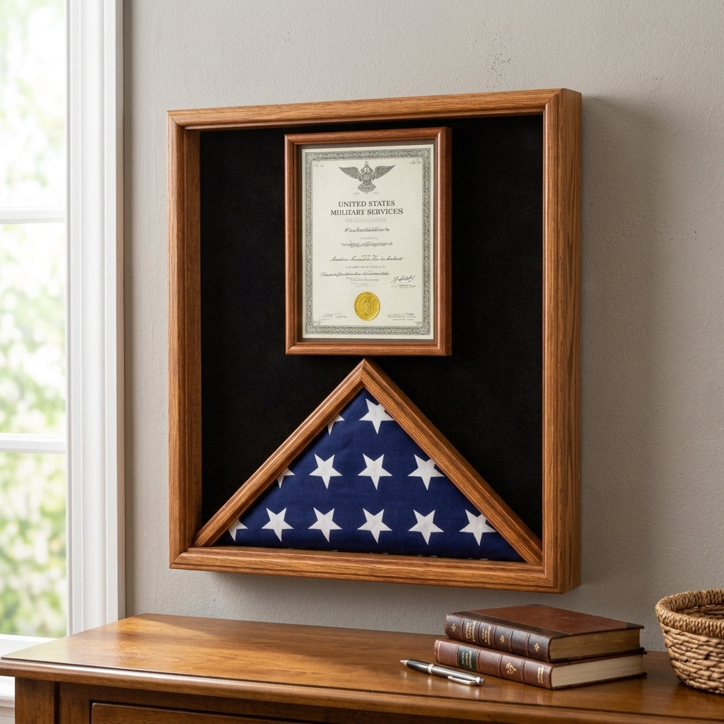 flag and document case, flag display case with document holder, military flag and certificate display case, American flag and document display case, flag case with certificate holder, flag and award display case, glass front flag and document case, engraved flag and certificate display case, wall mount flag and document display case, tabletop flag and document display frame, flag case with photo and certificate holder