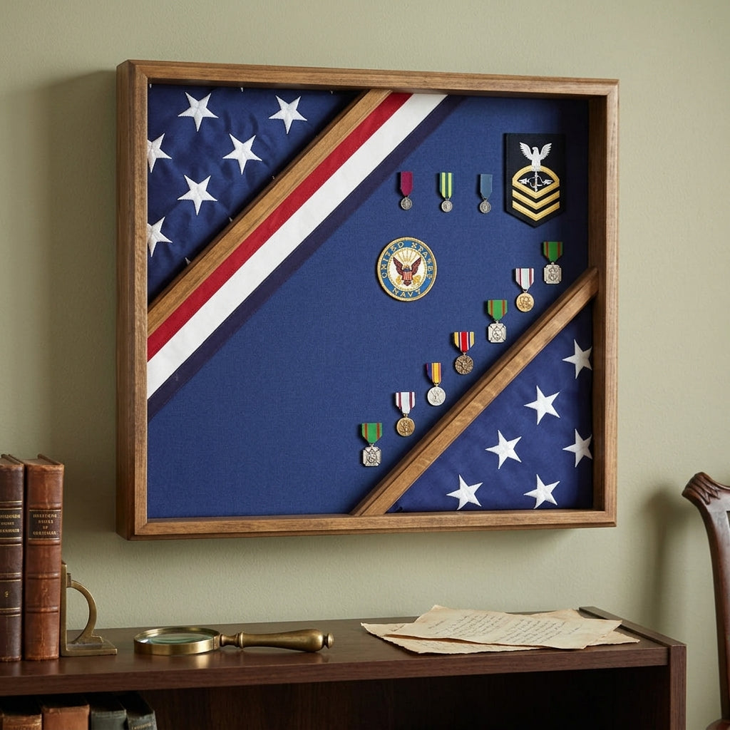 flag display box, wooden flag display case, red white and blue flag box, patriotic flag display case, wood flag box, glass front wooden flag display box, handcrafted patriotic wood flag case, wall mountable flag display box, durable solid wood red white blue flag case, triangular folded flag display box, memorial flag display box patriotic theme, veteran gift red white blue flag case, military retirement flag display box