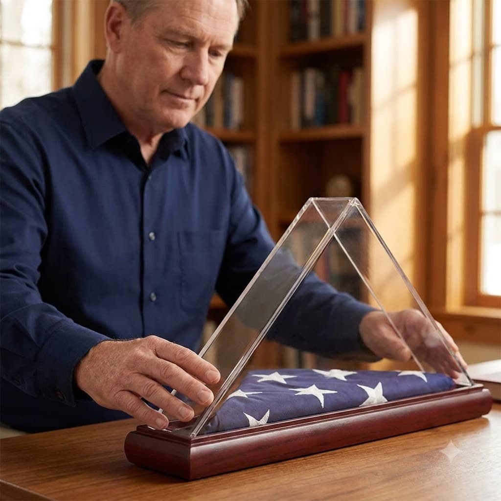 folded flag display case, patriotic flag display, wooden flag frame, memorial flag display, military flag display case