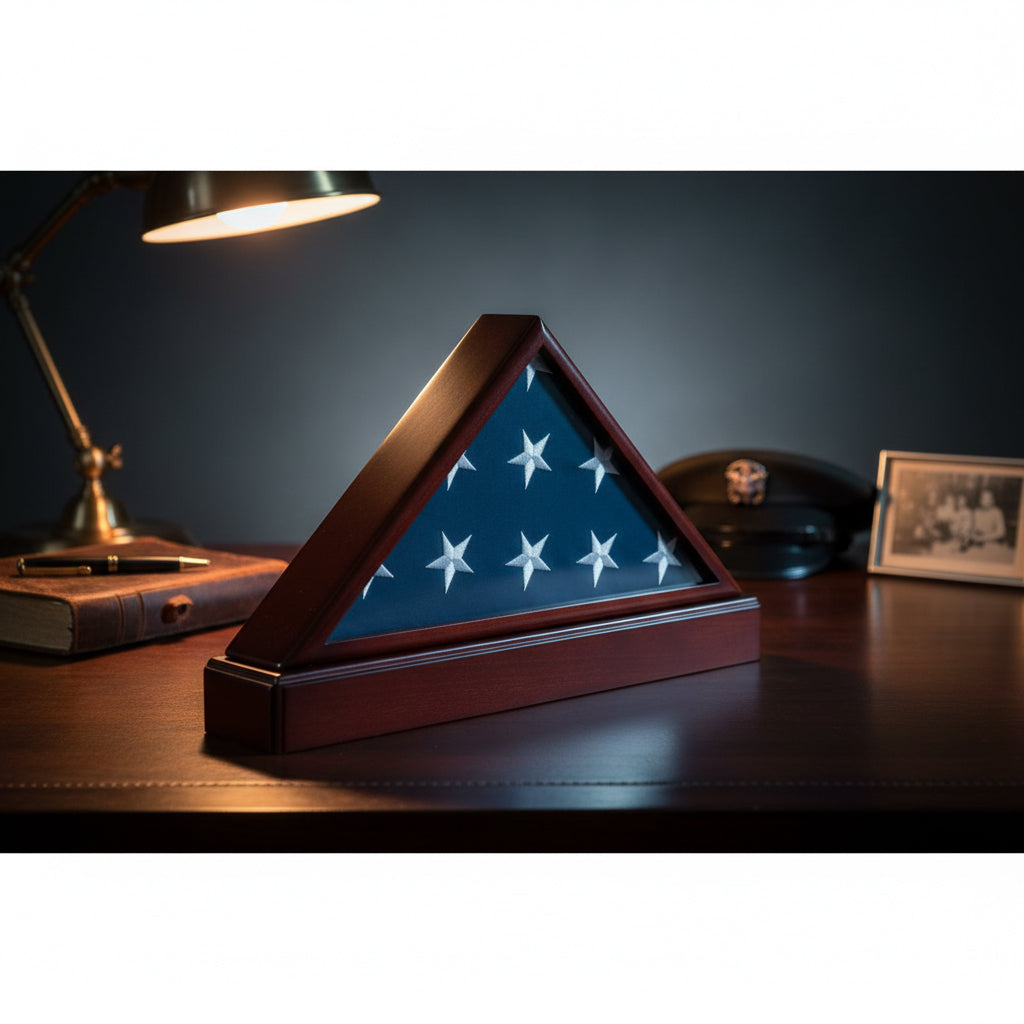 funeral flag display case with pedestal stand, flag display case with pedestal base, burial flag display case frame with stand, American flag display case with pedestal, military flag case with pedestal stand, memorial flag display case with base, solid wood flag display case with pedestal stand, flag case with glass front and pedestal base