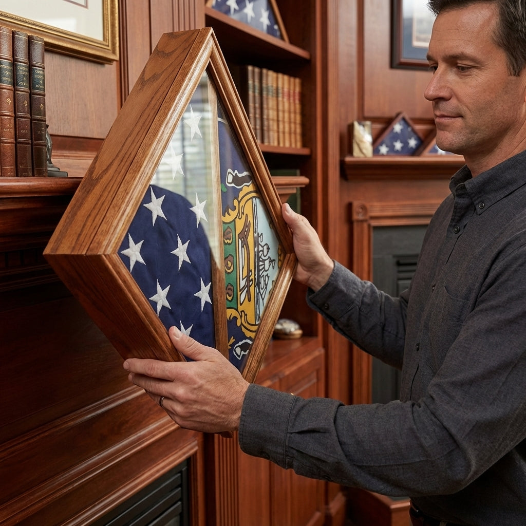 2 flags display case wall mounted, double flag display case wall mount, wall mounted 2 flag display box, dual flag display case wooden, wall mount double flag shadow box, glass front wall mounted flag display case, solid wood double flag display box, triangular folded flag display case 2 flags, space saving wall mount flag case, durable dual flag shadow box