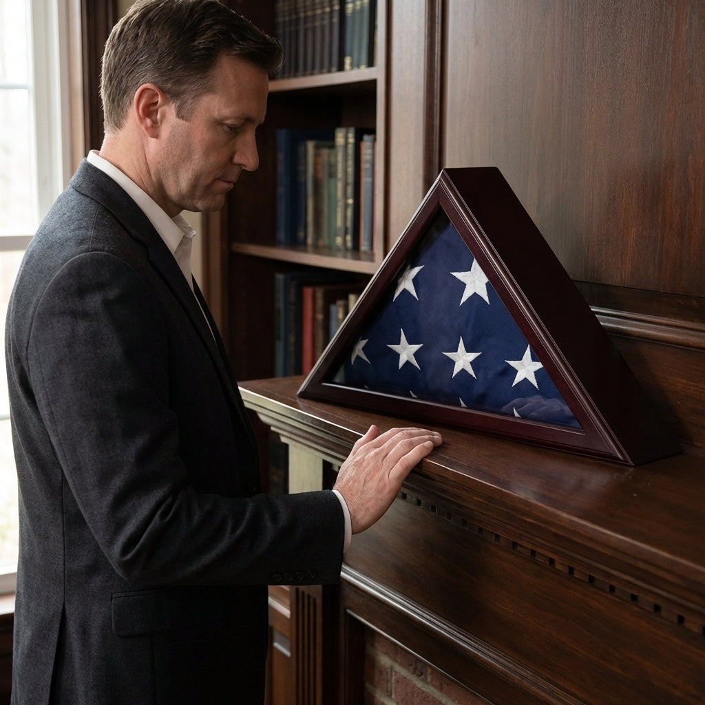 Officers flag display case 3x5, 3ft x 5ft flag display case cherry finish, military flag display case 3x5, wooden flag display case cherry wood, cherry flag case for 3x5 flag, glass front cherry flag display case, solid wood cherry flag case 3x5, triangular flag display case cherry finish, wall mount flag display case 3x5, durable cherry wood flag case