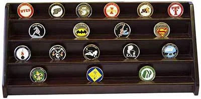 4 Rows Shelf Challenge Coin Holder Display Casino Chips Holder Cherry Finish, 4 Rows Shelf Challenge Coin Holder Display Casino Chips Holder, The Military Gift Store, Challenge COIN DISPLAY STANDS - Coin Display Rack