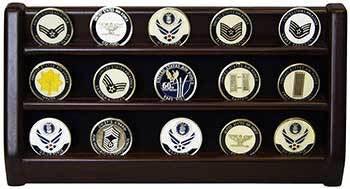 3 Rows Shelf Challenge Coin Holder Display Casino Chips Holder Solid Wood - Cherry Finish, 3 Rows Shelf Challenge Coin Holder Display Casino Chips Holder, The Military Gift Store, Challenge COIN DISPLAY STANDS - Coin Display Rack