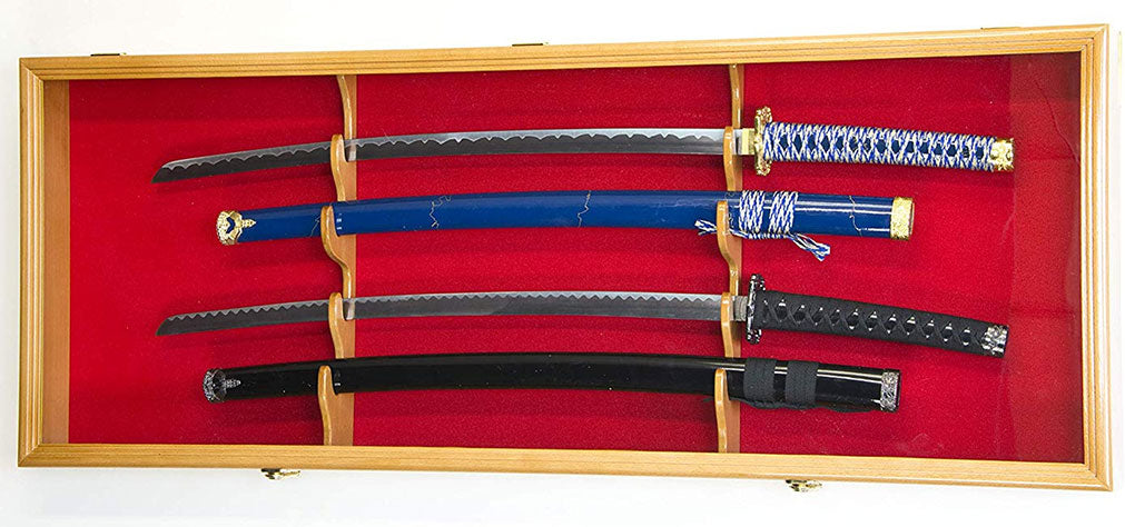 2 Sword Display Case Cabinet Stand Holder Wall Rack Box - Oak Lockable w/ 98% UV Protection, 2 Sword Display Case Cabinet Stand Holder Wall Rack Box, The Military Gift Store, 2 Sword Display Case