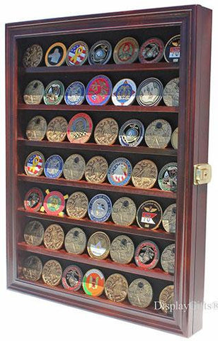 LOCKABLE Military Challenge Coin Display Case Cabinet Rack Holder, LOCKABLE - Mahogany Finish