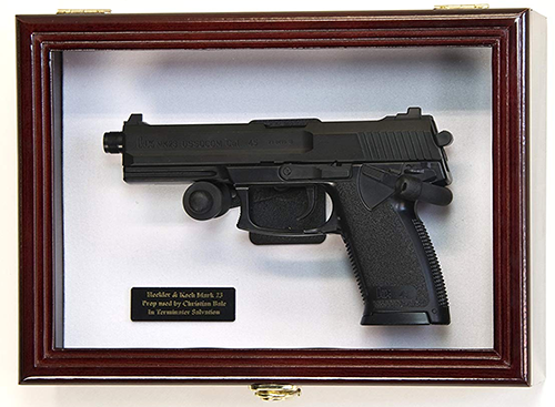 Flag Connections Single Pistol Display Case Wall Mount Solid Hardwood Cabinet Gun Holder White Felt Background, Single Pistol Display Case Wall Mount Solid Hardwood Cabinet, The Military Gift Store, Gun Display Case