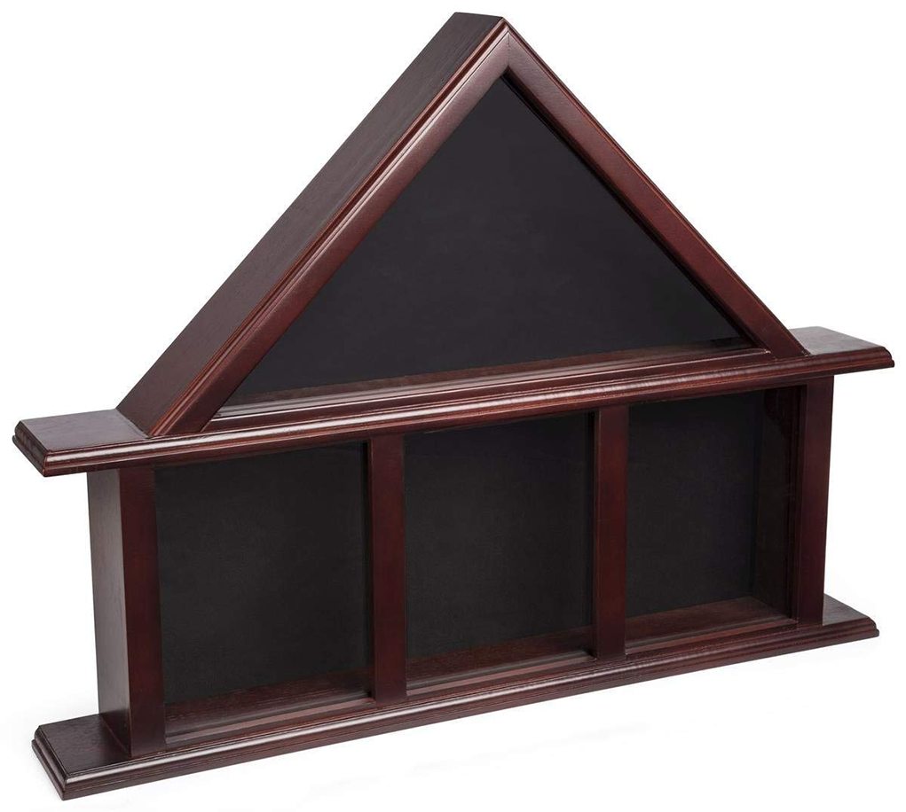 Glass Flag Military Medals Case, Tempered Glass and Felt Backer – Mahogany Finish, Glass Flag Military Medals Case, Tempered Glass and Felt Backer, The Military Gift Store, 3 Bay Flag Frames