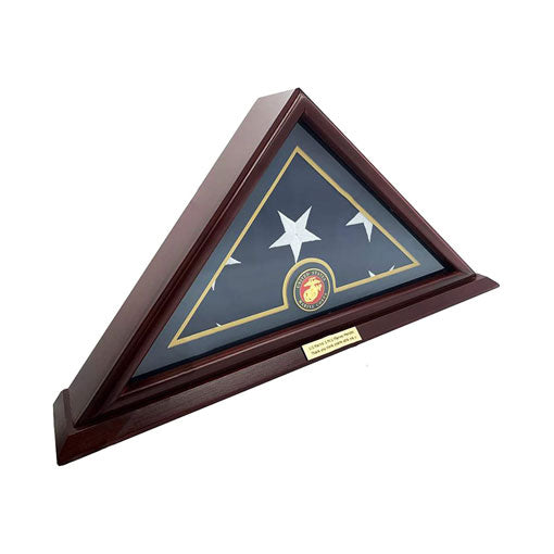 Flags Connections - 5x9 American Veteran Burial Flag Case, Plexiglass, Solid Wood, Cherry Finish, Small Base, Wall Mounted,Customized Name Plate, Marine., 5x9 American Veteran Burial Flag Case, Plexiglass, Solid Wood., The Military Gift Store, Burial Flag Case